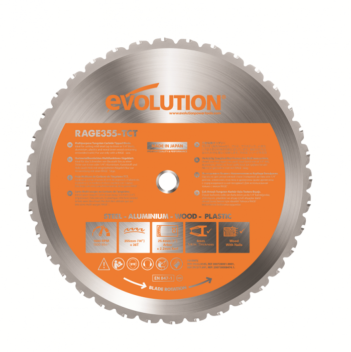 Disc pentru fierastrau circular, taiere multifunctionala Evolution RAGEBLADE355MULTI-1268, O355 x 25.4 mm, 36 dinti